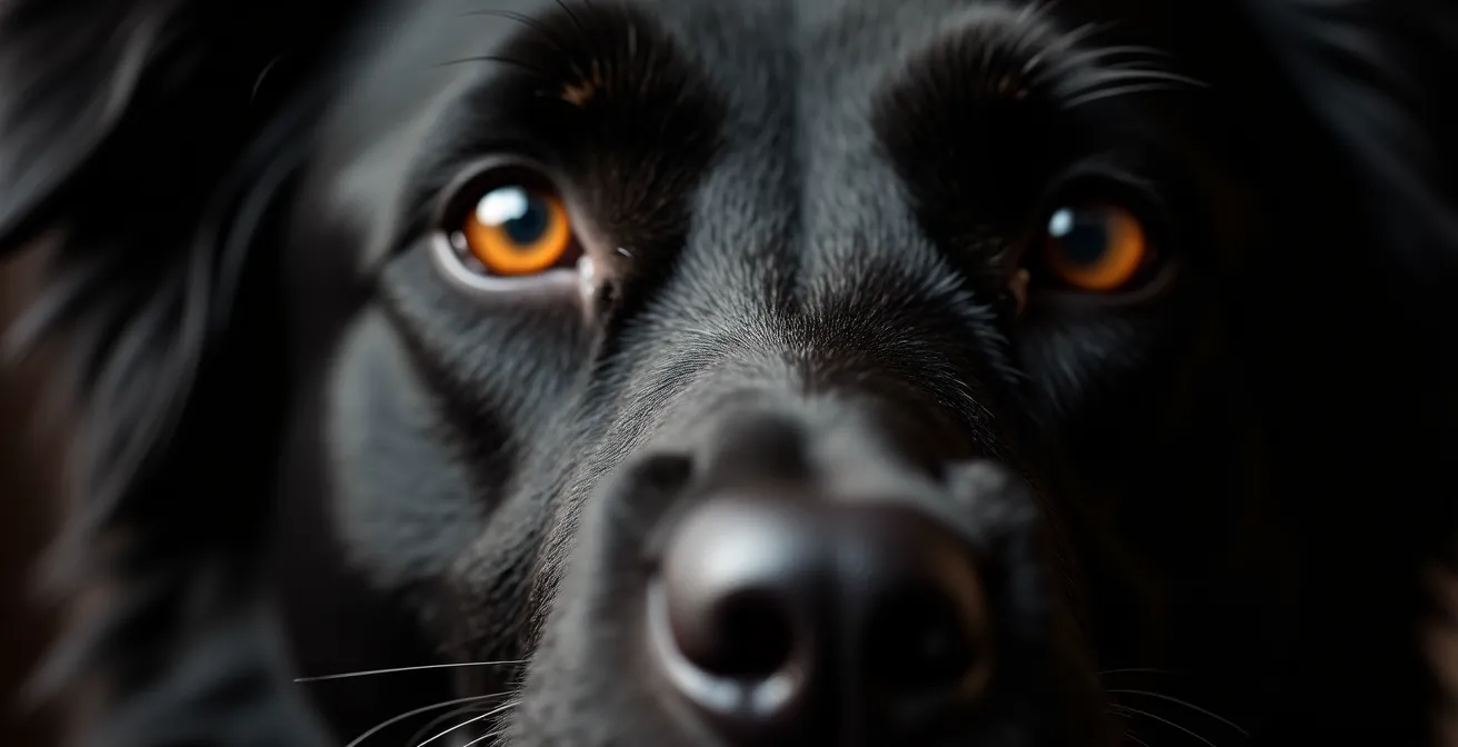Close-up macro detail of black dog's expressive features and body language cues