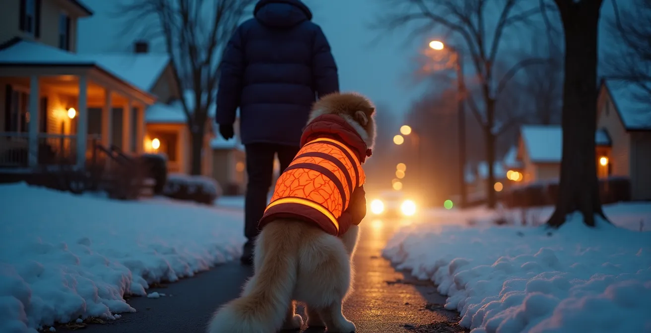 Dog wearing bright orange coat with reflective strips visible in car headlights at dusk