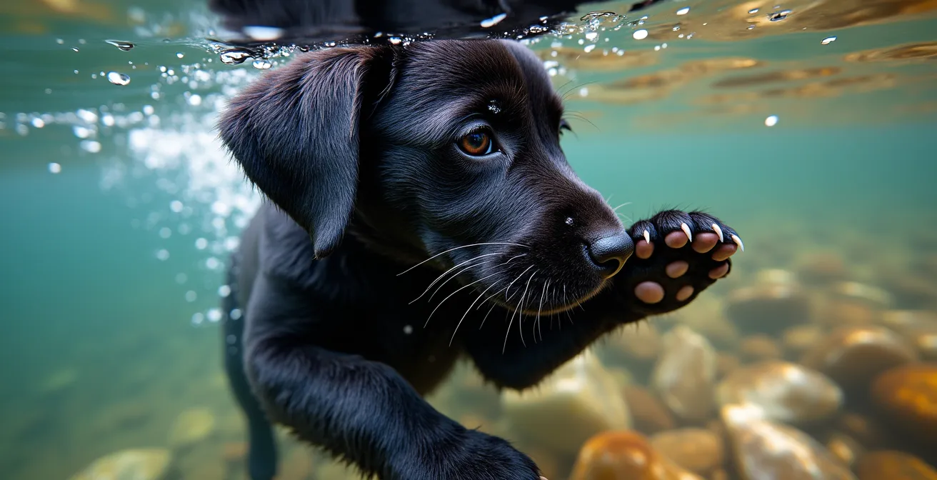 Labrador puppy swimming in calm Canadian lake with owner supervising from dock