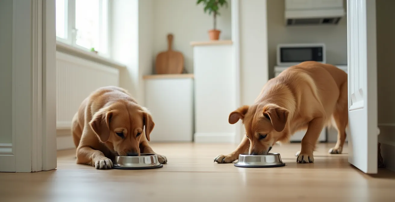 Two dogs eating peacefully in separate areas of a Canadian home, with a doorway providing a clear visual barrier between them.
