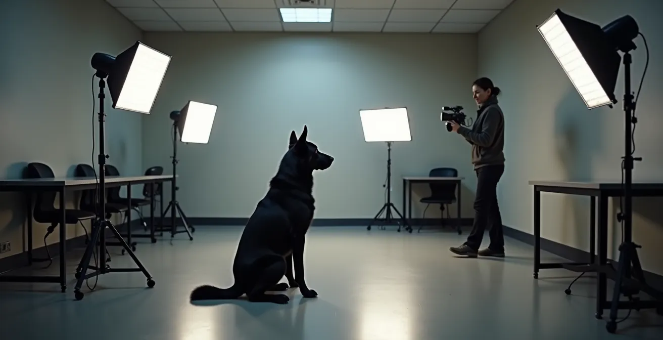 Professional lighting setup demonstrating CRI difference for black shelter dogs
