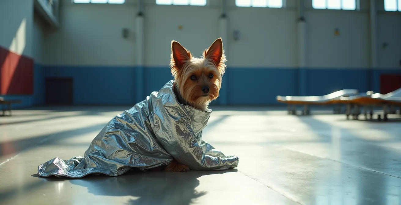 Small terrier wrapped in reflective emergency blanket in evacuation shelter