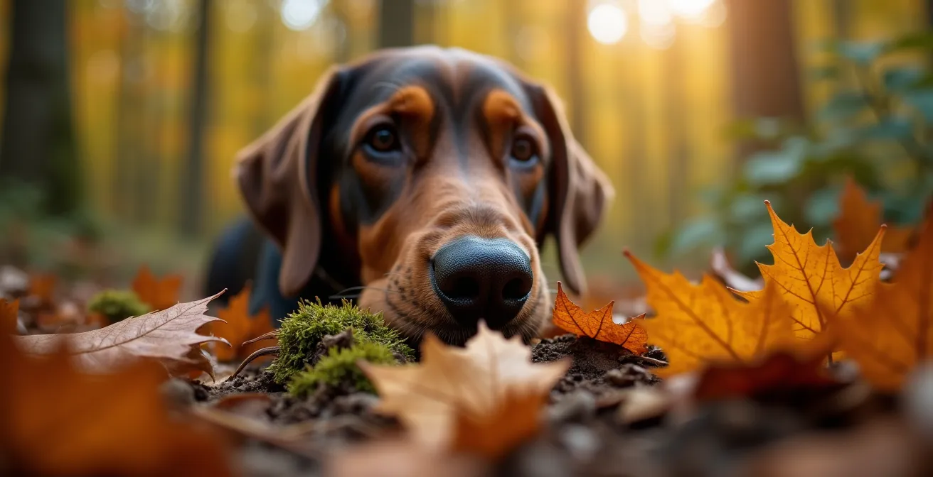 Dog leading a sniff-based exploration walk on a Canadian forest trail during autumn