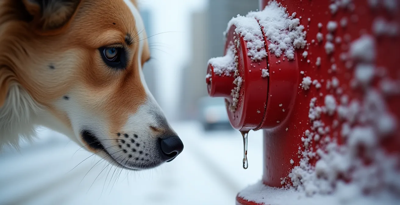 Dog engaged in scent work on a snowy Canadian urban sidewalk, sniffing a fire hydrant.