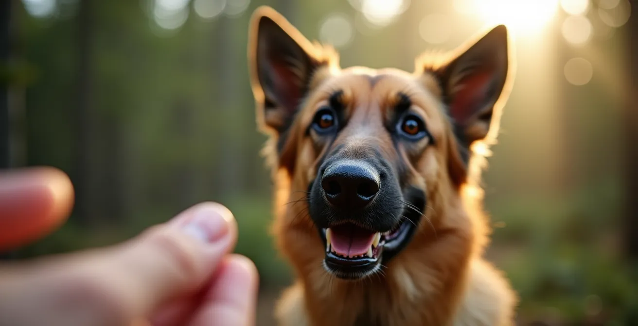 A macro shot capturing the precise moment a dog's head turns in response to a recall command, with the owner's hand on a clicker in the softly blurred foreground and a Canadian forest in the background.