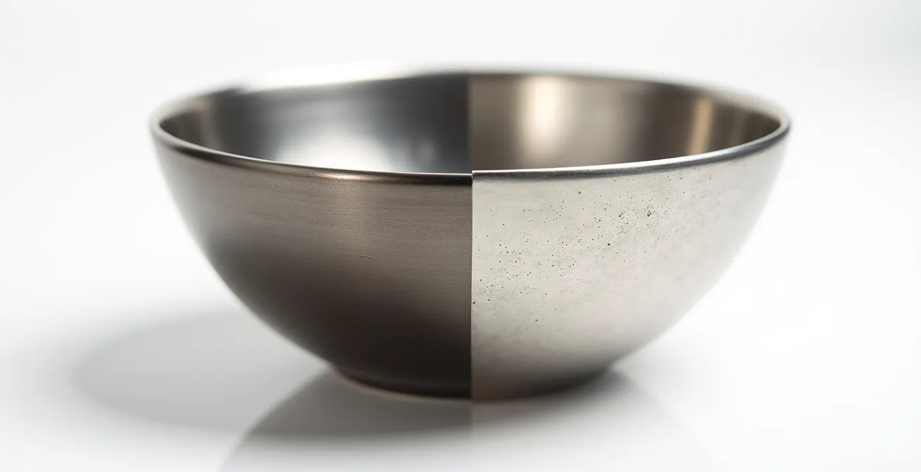 Close-up comparison of a clean, non-porous stainless steel dog bowl surface versus a worn, scratched plastic bowl surface.