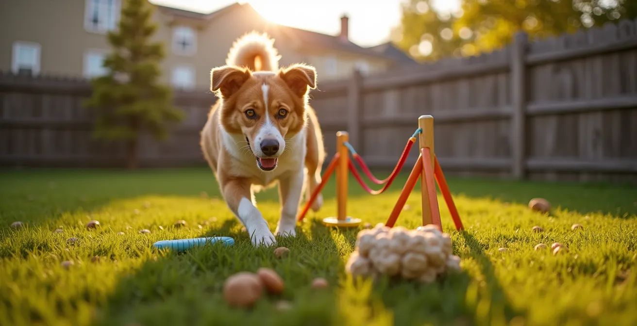 Wide shot of mixed-breed dog engaged in enrichment activities in Canadian suburban backyard