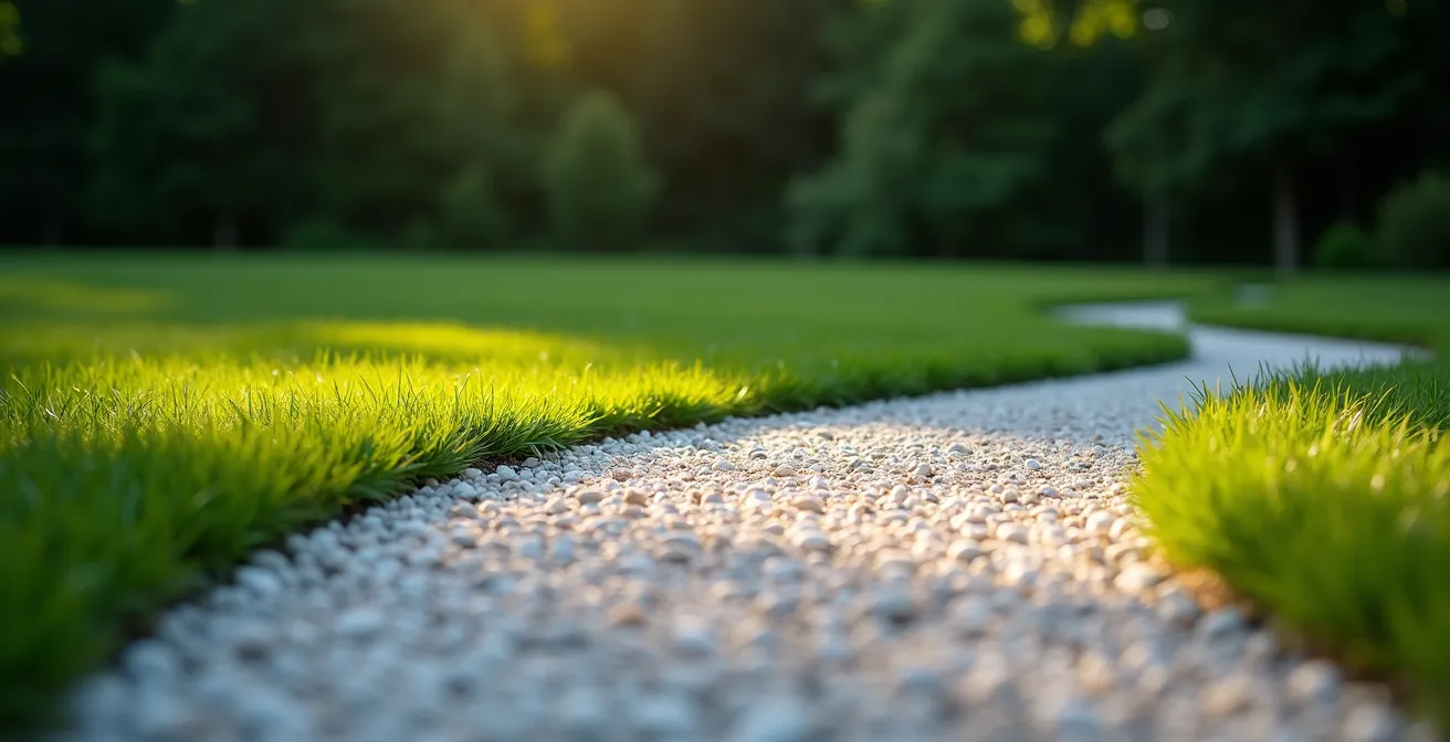 A three-meter wide gravel barrier creating a clear, protective line between a mown lawn and the dark edge of a Canadian forest.