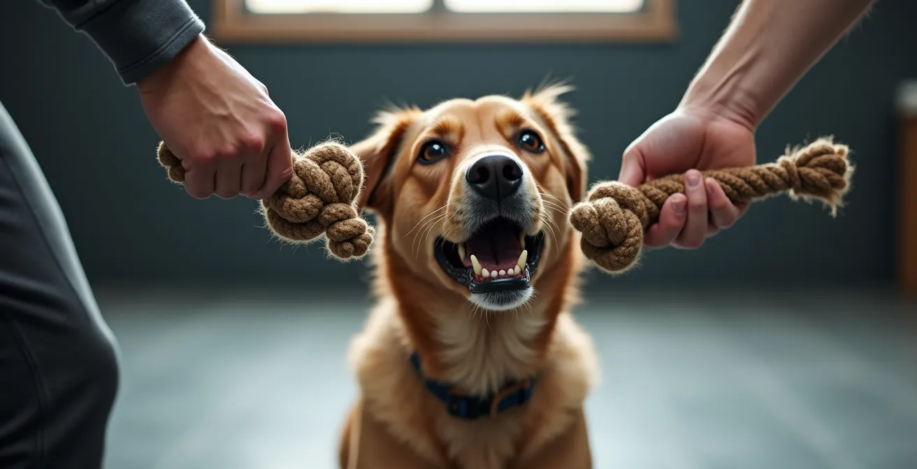 Dog trainer demonstrating two-toy method for teaching instant out command during tug game