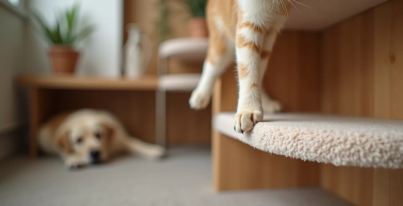 Modern condo interior showing wall-mounted cat shelves and cozy dog beds in harmonious arrangement