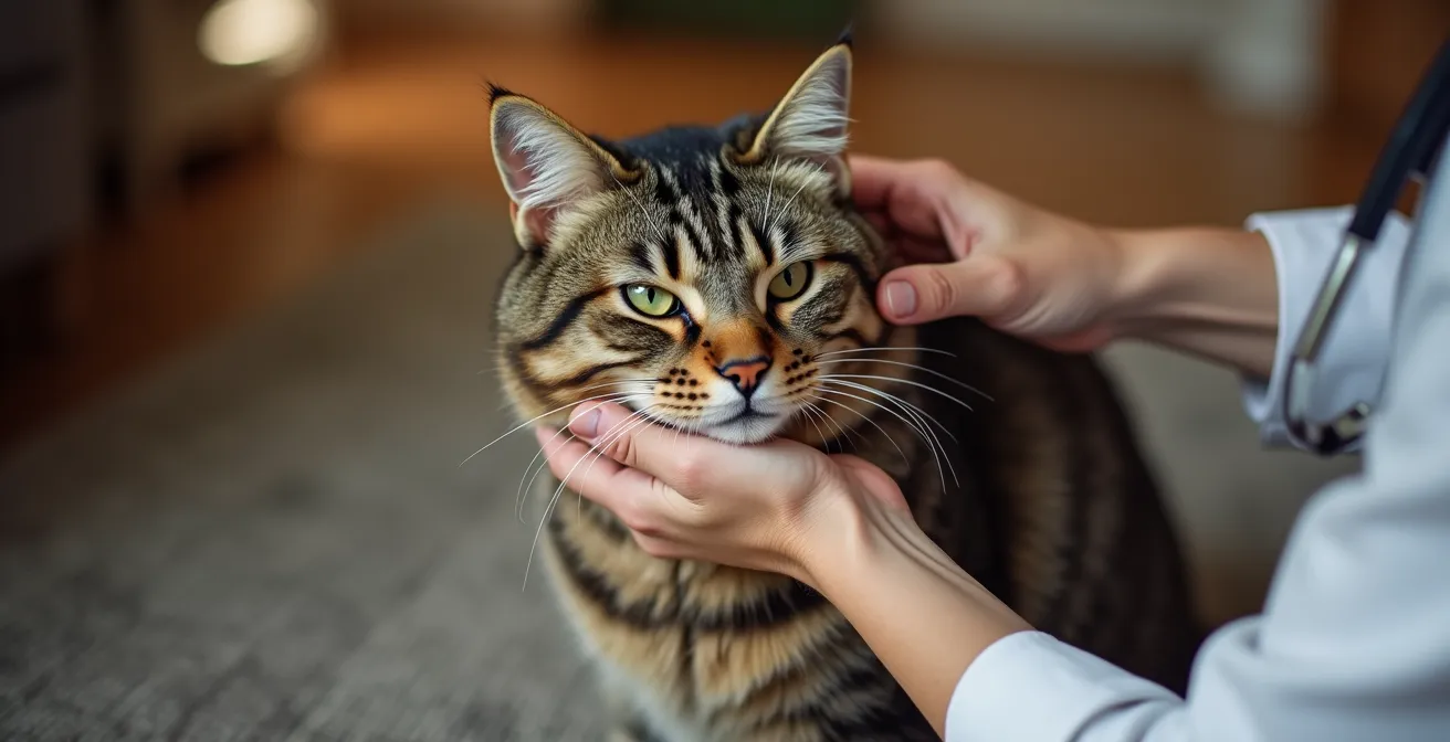 Close-up of hands performing skin turgor test on senior cat