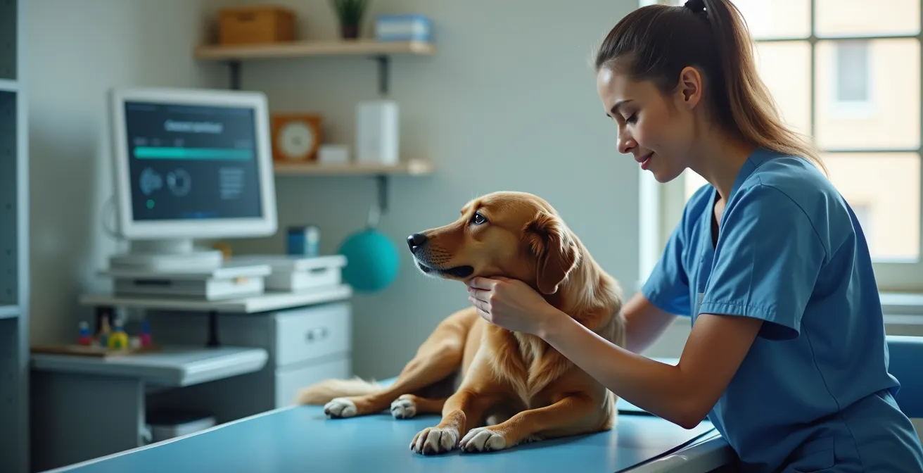 Veterinarian examining rescue dog during wellness check