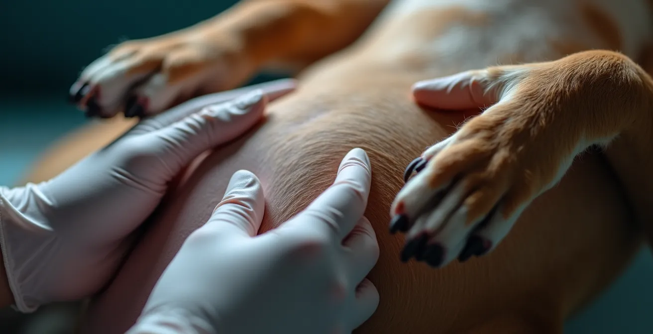 Close-up of veterinarian's hands examining a dog's abdomen during wellness check