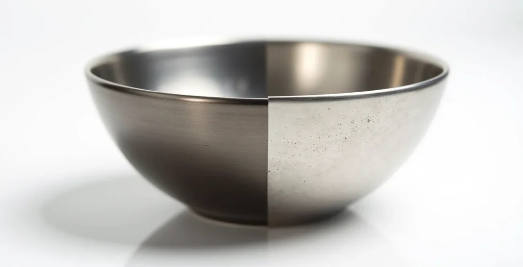 Close-up comparison of a clean, non-porous stainless steel dog bowl surface versus a worn, scratched plastic bowl surface. Close-up comparison of a clean, non-porous stainless steel dog bowl surface versus a worn, scratched plastic bowl surface.